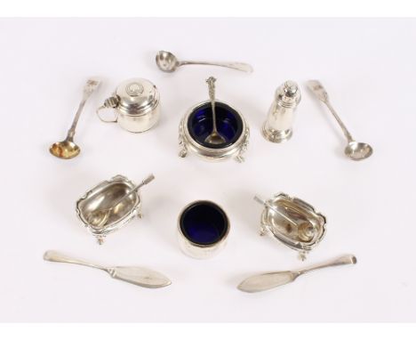 A collection of various silver cruet items, condiment spoons etc.