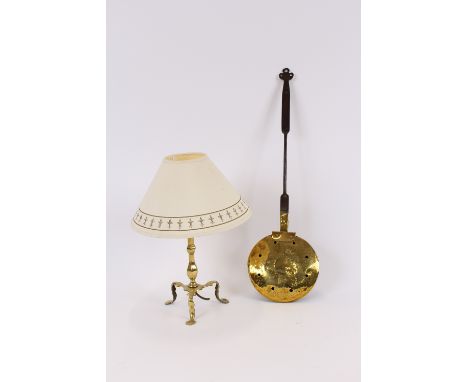 An Antique brass chestnut roaster, with steel handle, 89cm; and a brass Pulman style table lamp