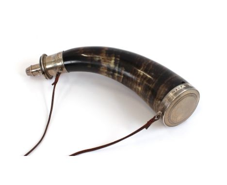 A mid Victorian horn and silver mounted powder flask, by Sykes, hallmarked Sheffield 1846, 27cm long