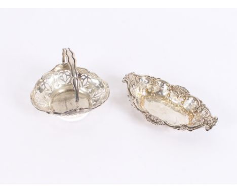 A small Edwardian silver swing handled bon bon basket, having shaped border and foliate pierced sides, Birmingham 1909; and a