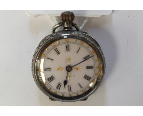 A ladies silver fob watch, Swiss hallmark, white enamel dial, Roman numerals 