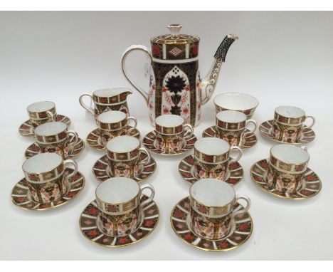 Royal Crown Derby Imari 1128 coffee pot, with twelve coffee cans and saucers, milk and sugar, all first quality (15) 