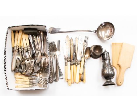 A box containing a quantity of silver plated flatware comprising forks, knives, spoons, caster, egg stand, ladle, etc 