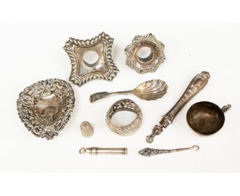 A Chinese silver 'cup' 24.6 grams approx, an Indian (possibly) napkin ring, caddy spoon, silver thimble Sheffield, pierced sw
