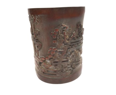 A 19th Century Chinese bamboo brush pot decorated with attendants and calligraphy 