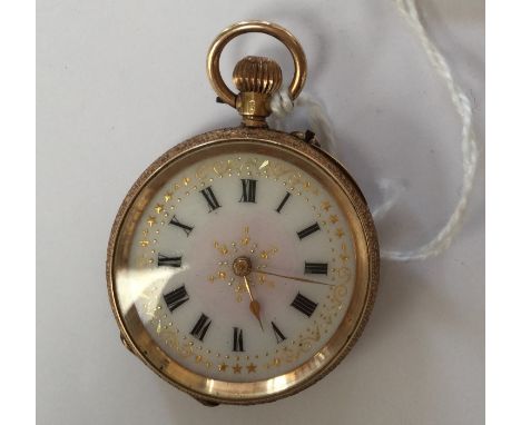 A ladies 14k gold hunter enamelled violas to reverse, Roman numerals, engraved case, dial with gold details and pink enamel, 