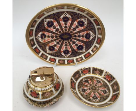 Royal Crown Derby Imari 1128 oval tray with a trinket dish and a cigarette lighter, all first quality (3) 