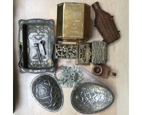 A collectors lot of metalware to include an Art Nouveau Rowntrees tray, a brass coffee canister, an Easter egg mold, a brass 