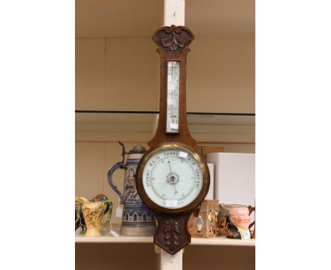 Oak cased banjo, aneroid barometer with mercury thermometer (1)