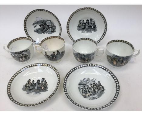 A 19th Century set of four teacups and saucers, transfer printed and hand painted with Welsh peasantry scenes and Welsh costu