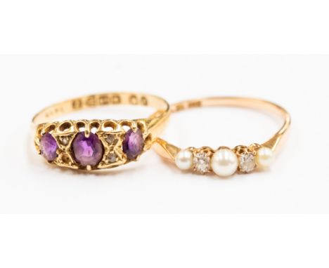 A Victorian amethyst and diamond ring a/f, one diamond missing set in 18ct gold, along with a pearl and old cut diamond ring 