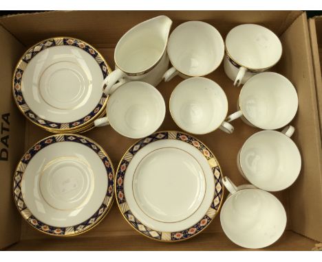 A Royal Crown Derby 'Kedleston' teaset, comprising seven cups, six saucers, six side plates and milk jug, mostly 2nd quality 