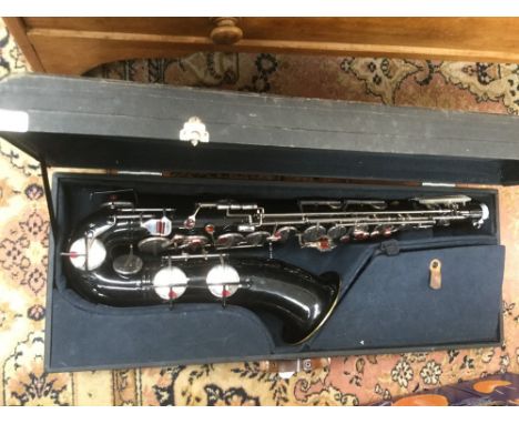 Black enamel tenor saxaphone in case, German Veltkine