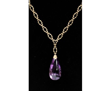 A 14ct stamped fancy link chain necklace with a large amethyst, approx 21.8gms gross 