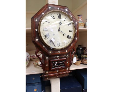 A Vanees drop dial mahogany wall clock, 8 day, inlaid with mother of pearl, pendulum and key 