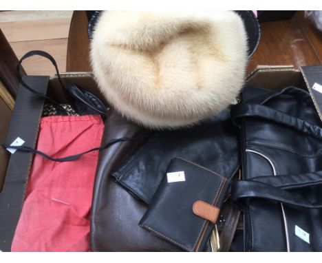 A collection of leather bags (one has original label on) one black Radley, many 1980s/90s, one black pouch bag is early 1960,