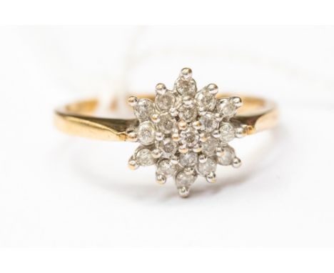 A 9ct gold and diamond cluster ring, cluster measuring approx 9mm diameter, size R, with a total gross weight approx 3gms 