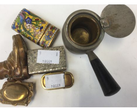 A collection of 19th Century vesta cases including hobnail boots, saucepan, cloisonné example oval brass inset with enamel (F