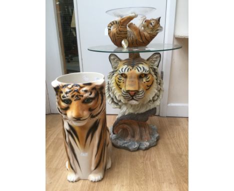 An occasional table with stand in the form of a Tiger, incoroprating a glass bowl supported by a Tiger Cub. Also with Tiger u