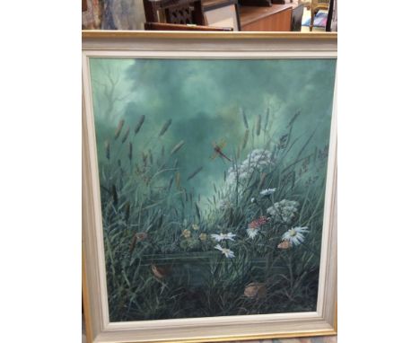 Geoffrey R Herickx, oil on canvas depicting a pond amongst flowering foliage, butterflies,dragonfly and small mammal  signed 
