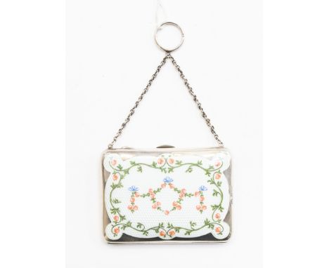 A George V silver and enamel aide memoire, the cover with shaped cartouche guilloche enamel painted with central ribbon tied 