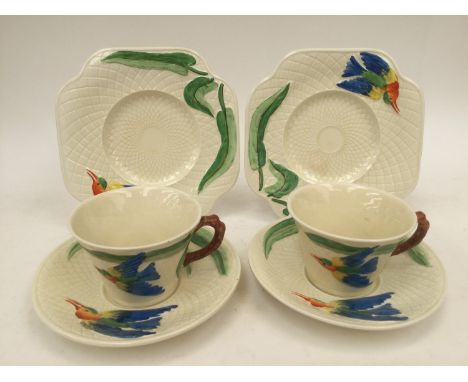 1920s hand painted 'Lucky Blue Bird' cups, saucers and tea plates - Samford ware (two trios) 