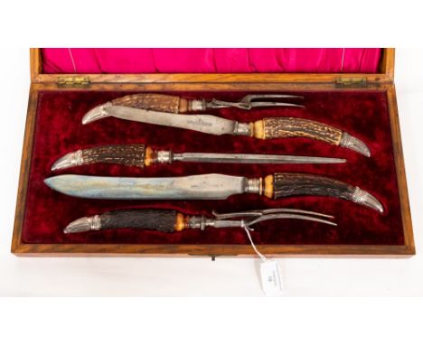 A boxed set - carving set, two knives, two forks and a steel, Victorian Harrison Bros & Howson, cutlers to her majesty (won a