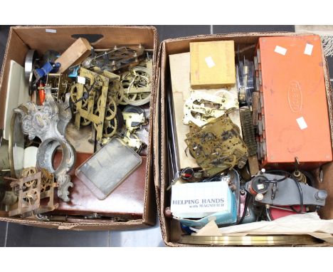 Two boxes of clock parts, including brass mechanisms for mantle and bracket clock, various parts, etc