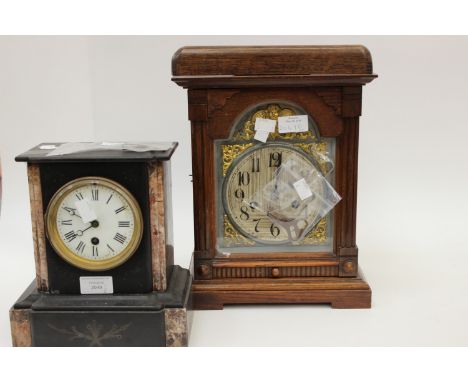 An aok cased bracket clock, Arabic numerals to dial with pendulum and key together with a 19th Century slate time piece with 