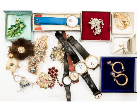 A collection of costume jewellery including 9ct eight circa 1950-60's paste set brooches, paste set necklaces and gilt metal 