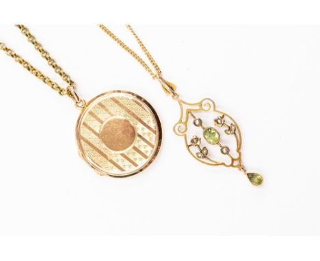 An Edwardian 9ct openwork pendant set peridot and pearls; together with a 9ct engine turned circular locket on link chain (lo