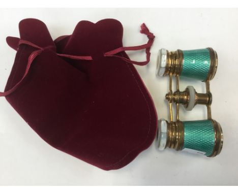 A pair of French mother of pearl and guilloche enamel and brass opera glasses by Deraisme, Paris  