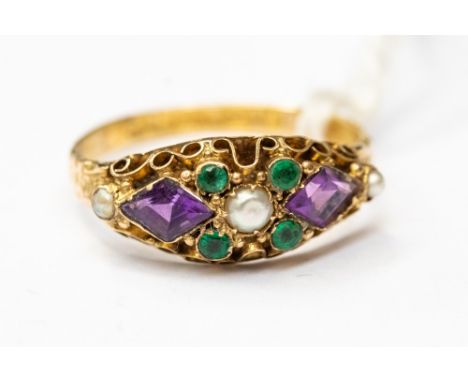 A Victorian, 15ct ring set with paste stones and seed pearl, with engraved band, size N, with a total gross weight approx 1.7