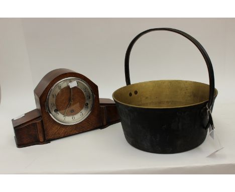 A brass 19th Century 'Jam Pan', and a late 1930s mantle clock a/f, with key