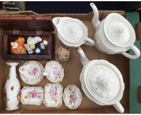 Derby white ware teapot, coffee pot and hot water jug, together with Derby Posies tea strainer and stand and trinket dishes, 
