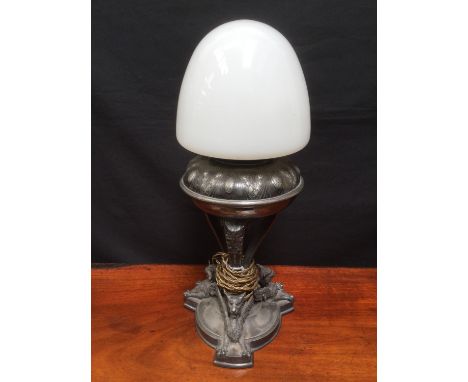 Early 20th Century pewter table lamp with Griffin base, opaque glass shade 