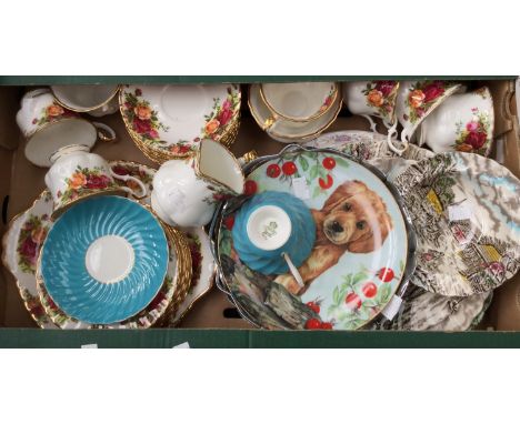 Royal Albert 'Old Country Roses' tea set, together with a two tiered cake stand, Myott, Rural Scenes, etc (1 box)
