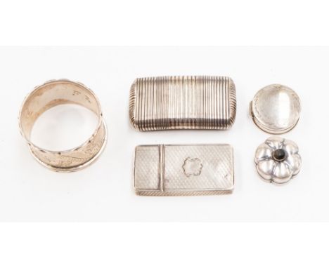 A Victorian silver snuff box, indistinct hallmark; together with a silver vesta, Birmingham, a napkin ring, Birmingham and tw