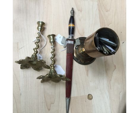 A Toledo steel paper (two 19th Century pen knives) etc, knife with leather scabbard, black and amber handle, a pair of brass 