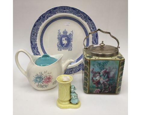 A Midwinter Stylecraft teapot (Dec 12-1959) A Copeland May 1937 Edward VIII platter (blue white) a Sylvac vase with French Po
