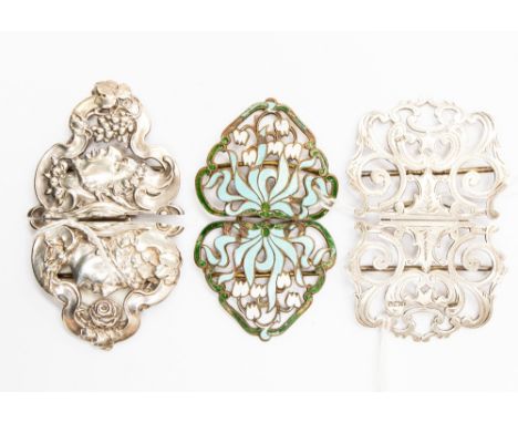 A collection of three Victorian nurse's buckles, to include a pierced and bright cut silver buckle, by Thomas Able & Walter J