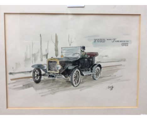 Ford Model T 1922 watercolour sketch of gentleman driving the car, indistinctly signed (1) 