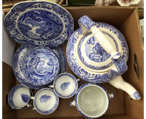 Spode blue and white transfer printed large kettle with eight teacups, nine saucers, eight tea plates, etc (one box) 