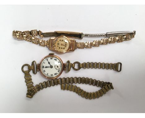 A Midito 18ct gold ladies watch on a rolled gold strap along with a 9ct circa 1940's watch with enamel dial, replacement base