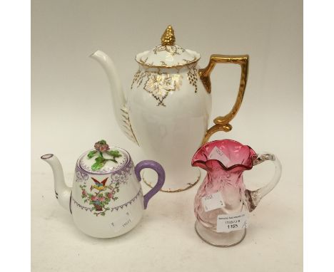 A Royal Crown Derby 'Vine' pattern coffee pot and cover, with a Crown Staffordshire teapot, having floral finial to the cover