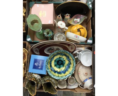 A ceramic painted plaque depicting a young lady; together with an Aynsley Orchard gold covered pot, a Mintons tray, a yellow 