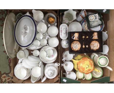 A quantity of dinner and tea wares to include Grosvenor china and Royal Crown Derby, 'Posies' clock (2 boxes) 