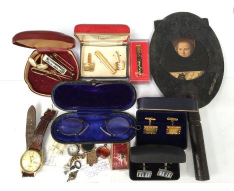 Two fob seals, hardstone winder and compass fob, Stanhope with view of Bank of England, Derbyshire photo view locket, various