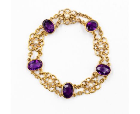 An amethyst and  pearl bracelet with fancy gold open flower links set to the centre with small pearls, with alternate amethys