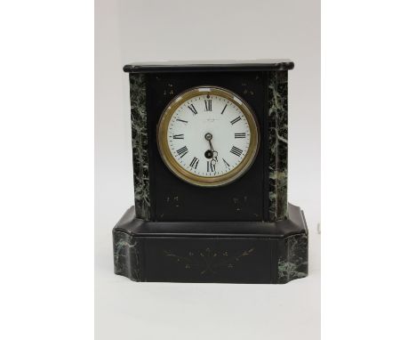 Black marble mantle clock with enamelled dial and Roman numerals (1) 